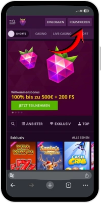 Start des Registrierungsprozesses im Malina Casino auf Android