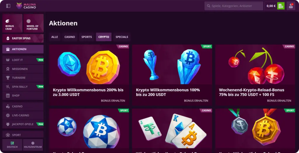 Krypto-Boni Malina Casino Kryptowährungen