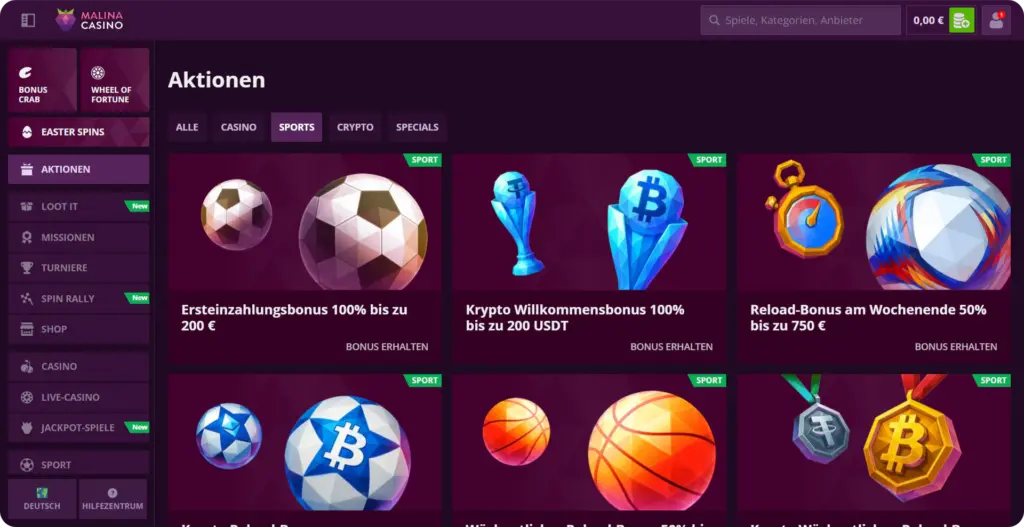 Tabelle Reload-Boni Malina Casino wöchentlich